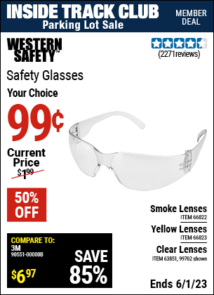 Inside Track Club members can buy the WESTERN SAFETY Safety Glasses with Smoke Lenses (Item 66822/66823/99762/63851) for $0.99, valid through 6/1/2023.