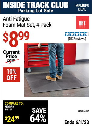 Inside Track Club members can buy the HFT Anti-Fatigue Foam Mat Set 4 Pc. (Item 94635) for $8.99, valid through 6/1/2023.