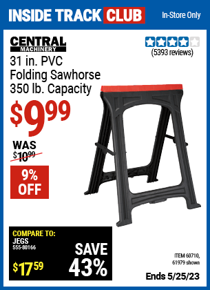 CENTRAL MACHINERY – 31 in. PVC Folding Sawhorse, 350 lb. Capacity for ...