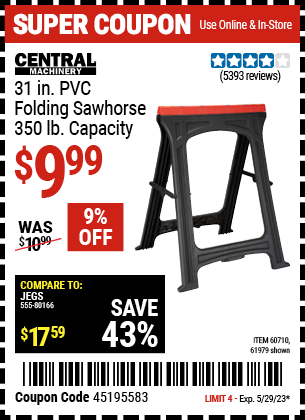 Buy the CENTRAL MACHINERY Foldable Sawhorse, valid through 5/29/23.
