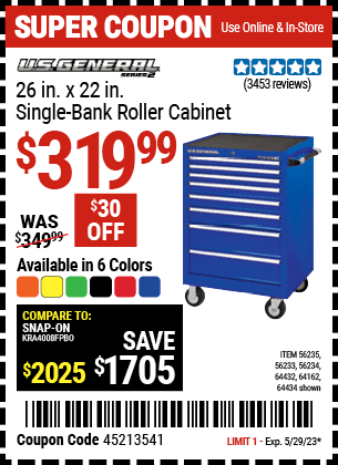 Buy the U.S. GENERAL 26 in. x 22 In. Single Bank Yellow Roller Cabinet, valid through 5/29/23.