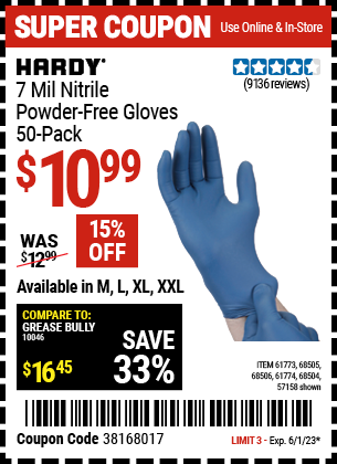 Buy the HARDY 7 Mil Nitrile Powder-Free Gloves, 50 Pc. XX-Large (Item 57158/68504/68505/61773/68506/61774) for $10.99, valid through 6/1/2023.