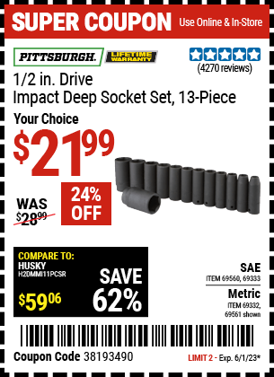Buy the PITTSBURGH 1/2 in. Drive Metric Impact Deep Socket Set 13 Pc. (Item 69561/69332/69560/69333) for $21.99, valid through 6/1/2023.