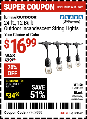 Buy the LUMINAR OUTDOOR 24 Ft. 12 Bulb Outdoor String Lights (Item 63483/64739/64486) for $16.99, valid through 6/1/2023.