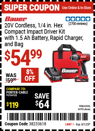 Buy the BAUER 20V Lithium 1/4 In. Hex Compact Impact Driver Kit (Item 63528/63528) for $54.99, valid through 6/1/2023.