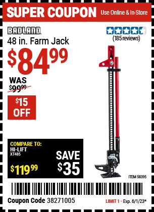 Buy the BADLAND 48 in. Trail Jack (Item 58395) for $84.99, valid through 6/1/2023.