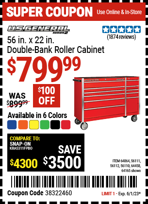 Buy the U.S. GENERAL 56 in. Double Bank Green Roller Cabinet (Item 56110/64552) for $799.99, valid through 6/1/2023.