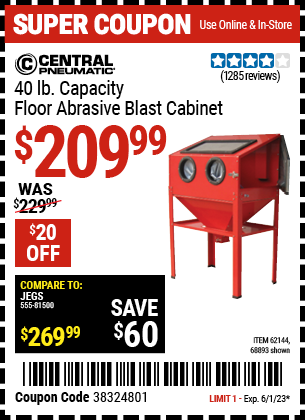 Buy the CENTRAL PNEUMATIC 40 Lb. Capacity Floor Blast Cabinet (Item 68893/62144) for $209.99, valid through 6/1/2023.