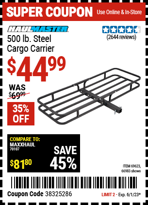 Buy the HAUL-MASTER 500 lb. Steel Cargo Carrier (Item 66983/69623) for $44.99, valid through 6/1/2023.