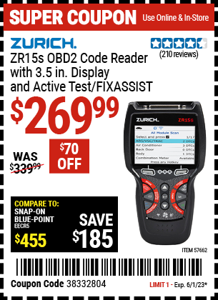 Buy the ZURICH ZR15S OBD2 Code Reader with 3.5 In. Display and Active Test/FixAssist (Item 57662) for $269.99, valid through 6/1/2023.
