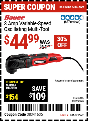 Buy the BAUER 3A Variable Speed Oscillating Multi-Tool (Item 56509/59163) for $44.99, valid through 6/1/2023.