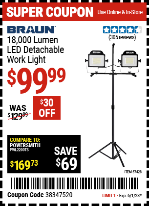 Buy the BRAUN 18-000 Lumen LED Detachable Work Light (Item 57428) for $99.99, valid through 6/1/2023.