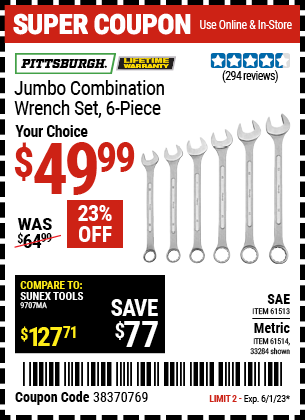 Buy the PITTSBURGH Metric Jumbo Combination Wrench Set 6 Pc. (Item 33284/61513/61514) for $49.99, valid through 6/1/2023.