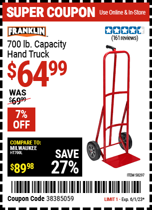 Buy the FRANKLIN 700 lb. Capacity Hand Truck (Item 58297) for $64.99, valid through 6/1/2023.
