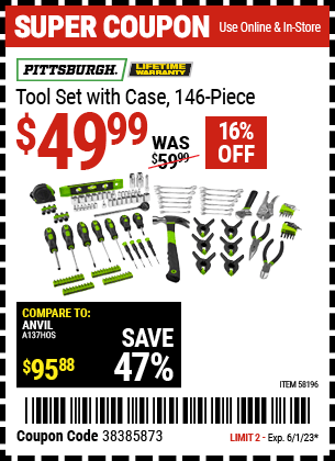 Buy the PITTSBURGH Tool Set With Case (Item 58196) for $49.99, valid through 6/1/2023.