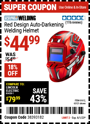Buy the CHICAGO ELECTRIC Red Design Auto Darkening Welding Helmet (Item 63121/61612) for $44.99, valid through 6/1/2023.