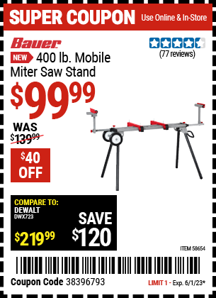 Buy the BAUER 400 lb. Mobile Miter Saw Stand (Item 58654) for $99.99, valid through 6/1/2023.