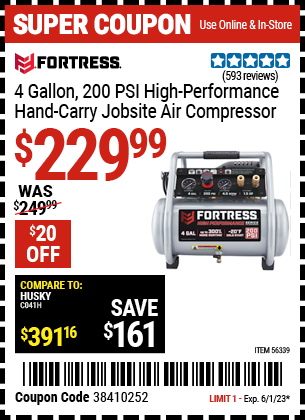 Buy the FORTRESS 4 Gallon 1.5 HP 200 PSI Oil-Free Professional Air Compressor (Item 56339) for $229.99, valid through 6/1/2023.