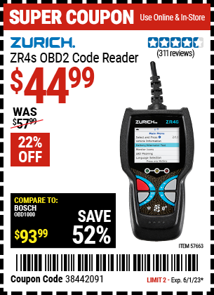 Buy the ZURICH ZR4S OBD2 Code Reader (Item 57663) for $44.99, valid through 6/1/2023.