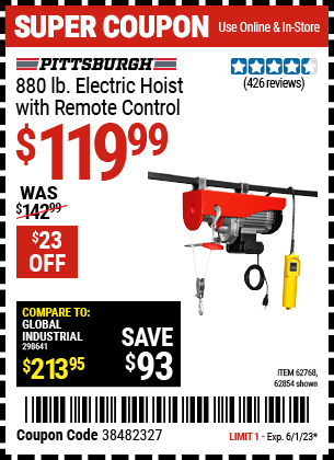 Buy the PITTSBURGH AUTOMOTIVE 880 lb. Electric Hoist with Remote Control (Item 62854/62768) for $119.99, valid through 6/1/2023.