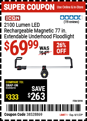 Buy the ICON 2100 Lumen 77 in. Extendable Underhood Rechargeable Floodlight (Item 58990) for $69.99, valid through 6/1/2023.