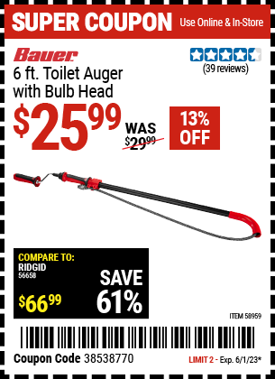 Buy the BAUER 6 ft. Toilet Auger with Bulb Head (Item 58959) for $25.99, valid through 6/1/2023.