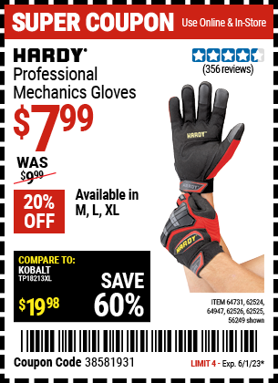 Buy the HARDY Professional Mechanic's Gloves Large (Item 62525/62525/64731/62524/64947) for $7.99, valid through 6/1/2023.