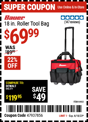 BAUER 18 In. Roller Tool Bag for $69.99 – Harbor Freight Coupons