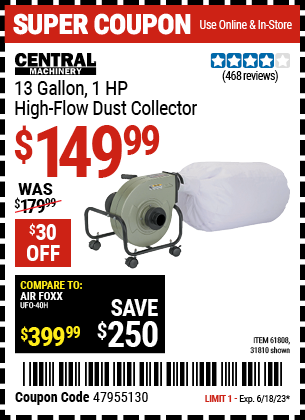 Buy the CENTRAL MACHINERY 13 gallon 1 HP Heavy Duty High Flow Dust Collector (Item 31810/61808) for $149.99, valid through 6/18/2023.