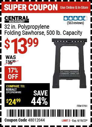 Buy the CENTRAL MACHINERY 500 Lb. Sawhorse (Item 57561) for $13.99, valid through 6/18/2023.