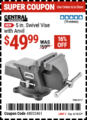 CENTRAL MACHINERY 5 in. Swivel Vise with Anvil for $49.99 – Harbor ...