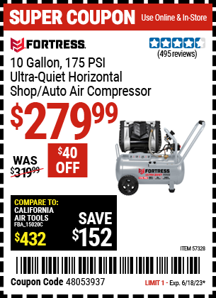 FORTRESS 10 Gallon 175 PSI Ultra Quiet Horizontal Shop/Auto Air Compressor  for $279.99 – Harbor Freight Coupons