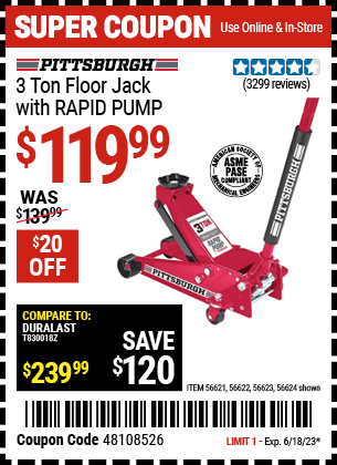 Buy the PITTSBURGH AUTOMOTIVE 3 Ton Steel Heavy Duty Floor Jack With Rapid Pump (Item 56624/56621/56622/56623) for $119.99, valid through 6/18/2023.