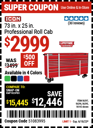 Buy the ICON 73 in. x 25 in. Professional Roller Cabinet (Item 56142/56295/56296/56297) for $2999, valid through 6/18/2023.