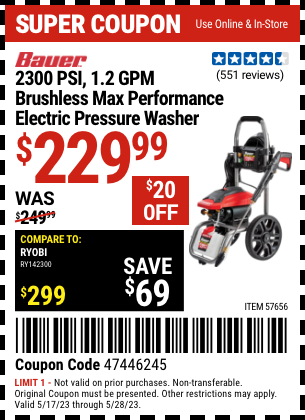 Buy the BAUER 2300 PSI 1.2 GPM Brushless Max Performance Electric Pressure Washer (Item 57656) for $229.99, valid through 5/28/2023.