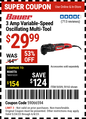 Buy the BAUER 3A Variable Speed Oscillating Multi-Tool (Item 59163/56509) for $29.99, valid through 6/4/2023.