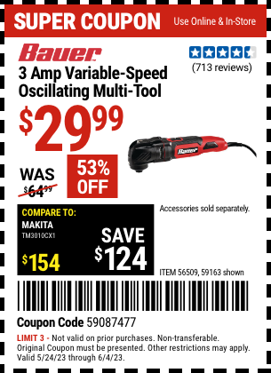 Buy the BAUER 3A Variable Speed Oscillating Multi-Tool (Item 59163/56509) for $29.99, valid through 6/4/2023.