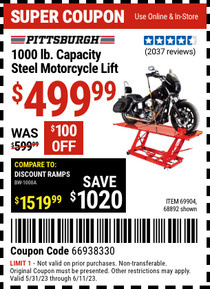 Buy the PITTSBURGH 1000 lb. Steel Motorcycle Lift (Item 68892/69904) for $499.99, valid through 6/11/2023.