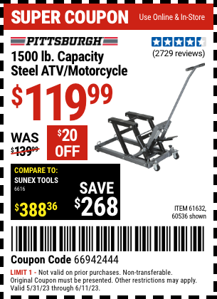 Buy the PITTSBURGH AUTOMOTIVE 1500 lb. Capacity ATV/Motorcycle Lift (Item 60536/61632) for $119.99, valid through 6/11/2023.