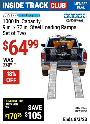 Inside Track Club members can buy the HAUL-MASTER 1000 lb. Capacity 9 in. x 72 in. Steel Loading Ramps Set of Two (Item 44649/69646) for $64.99, valid through 8/3/2023.