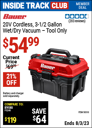 BAUER 20V Cordless 3-1/2 Gallon Wet/Dry Vacuum for $54.99 – Harbor ...