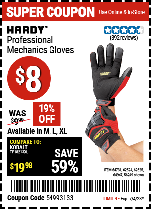 Buy the HARDY Professional Mechanic's Gloves Large (Item 62525/62525/64731/62524/64947 ) for $8, valid through 7/4/2023.