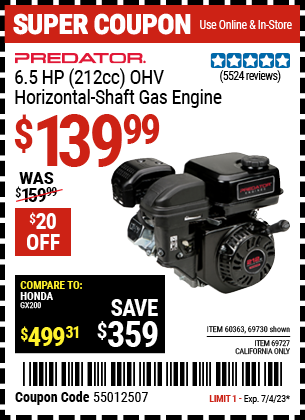 Buy the PREDATOR ENGINES 6.5 HP (212cc) OHV Horizontal Shaft Gas Engine (Item 69727/60363/69727) for $139.99, valid through 7/4/2023.