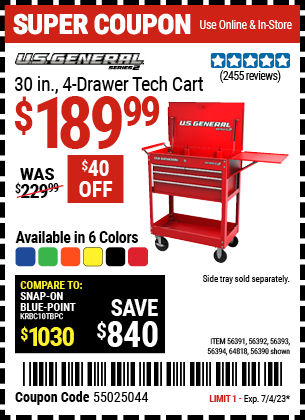 Buy the U.S. GENERAL 30 In. 4 Drawer Tech Cart (Item 64818/56391/56387/56392/56393/56394/64818) for $189.99, valid through 7/4/2023.
