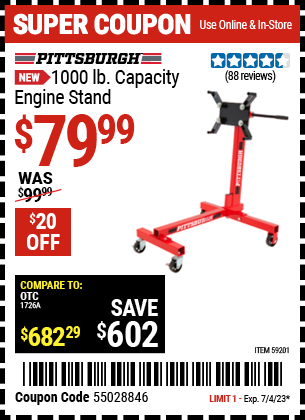 Coupons for PITTSBURGH 1000 lb. Capacity Engine Stand for $79.99