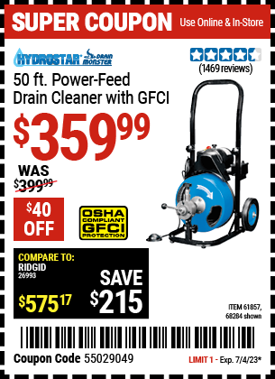 Buy the PACIFIC HYDROSTAR 50 Ft. Commercial Power-Feed Drain Cleaner with GFCI (Item 68284/61857) for $359.99, valid through 7/4/2023.