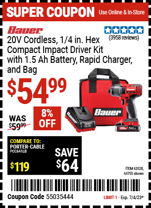 Buy the BAUER 20V Lithium 1/4 In. Hex Compact Impact Driver Kit (Item 63528/63528) for $54.99, valid through 7/4/2023.