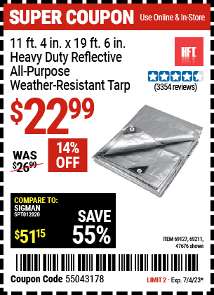 Buy the HFT 11 ft. 4 in. x 18 ft. 6 in. Silver/Heavy Duty Reflective All Purpose/Weather Resistant Tarp (Item 47676/69211) for $22.99, valid through 7/4/2023.