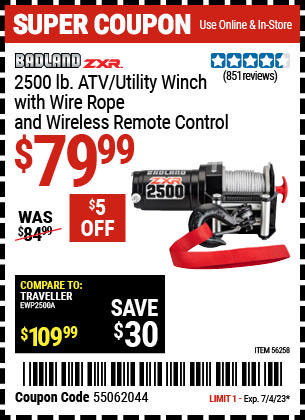 Buy the BADLAND 2500 Lb. ATV/Utility Electric Winch With Wireless Remote Control (Item 56258) for $79.99, valid through 7/4/2023.