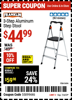 Buy the FRANKLIN 3 Step Aluminum Step Stool (Item 56896) for $44.99, valid through 7/4/2023.